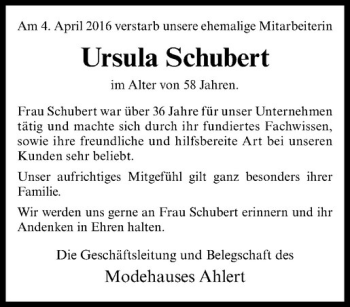 Anzeige von Ursula Schubert von Westfälische Nachrichten