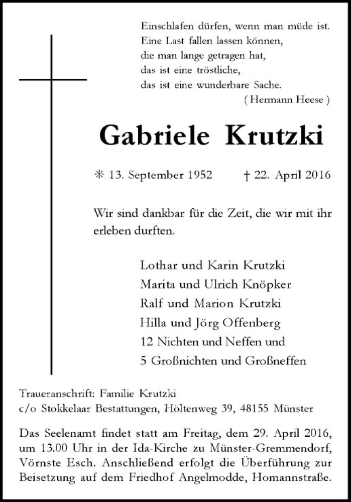  Traueranzeige für Gabriele Krutzki vom 27.04.2016 aus Westfälische Nachrichten