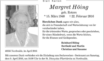 Anzeige von Margret Höing von Westfälische Nachrichten