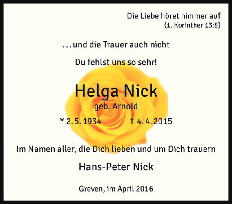  Traueranzeige für Helga Nick vom 04.04.2016 aus Westfälische Nachrichten