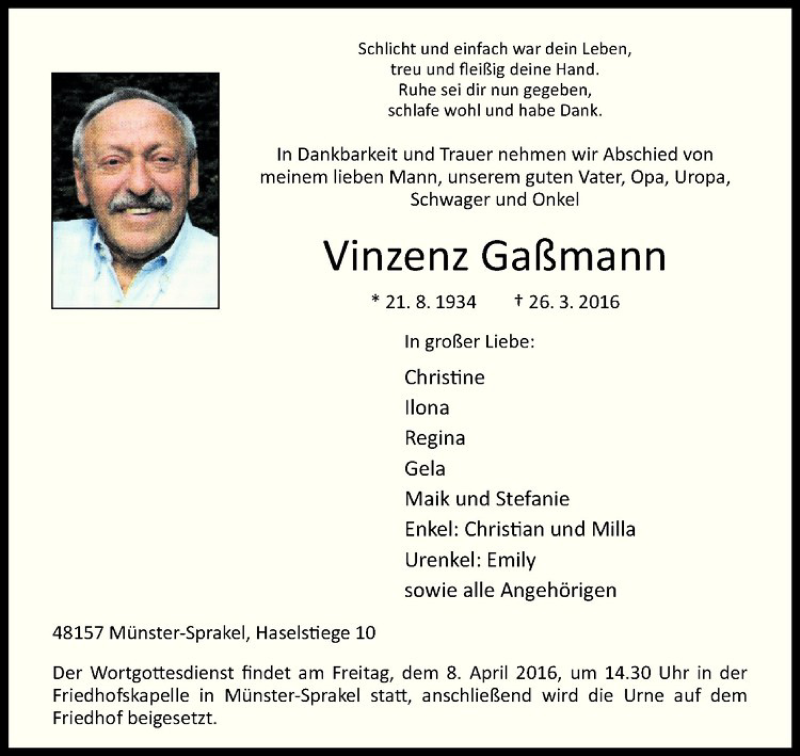  Traueranzeige für Vinzenz Gaßmann vom 02.04.2016 aus Westfälische Nachrichten