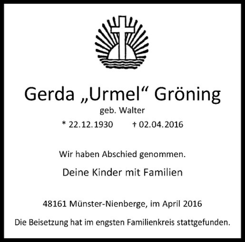  Traueranzeige für Gerda Gröning vom 16.04.2016 aus Westfälische Nachrichten