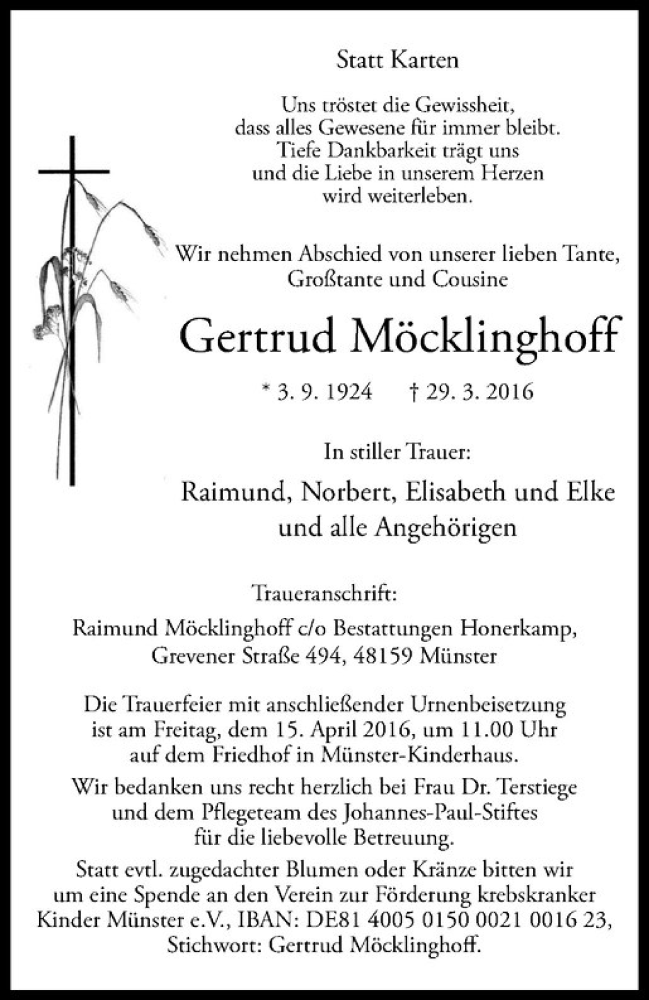  Traueranzeige für Gertrud Möcklinghoff vom 06.04.2016 aus Westfälische Nachrichten
