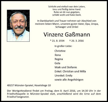Anzeige von Vinzenz Gaßmann von Westfälische Nachrichten