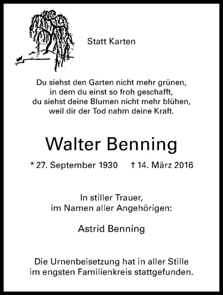  Traueranzeige für Walter Benning vom 02.04.2016 aus Westfälische Nachrichten