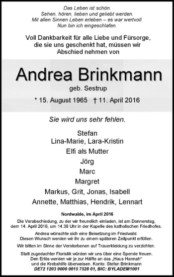 Anzeige von Andrea Brinkmann von Westfälische Nachrichten