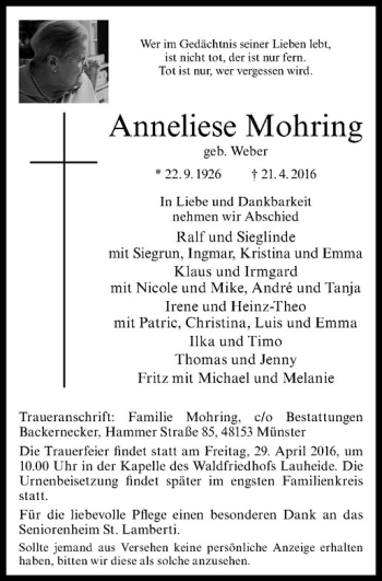 Anzeige von Anneliese Mohring von Westfälische Nachrichten
