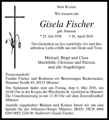 Anzeige von Gisela Fischer von Westfälische Nachrichten