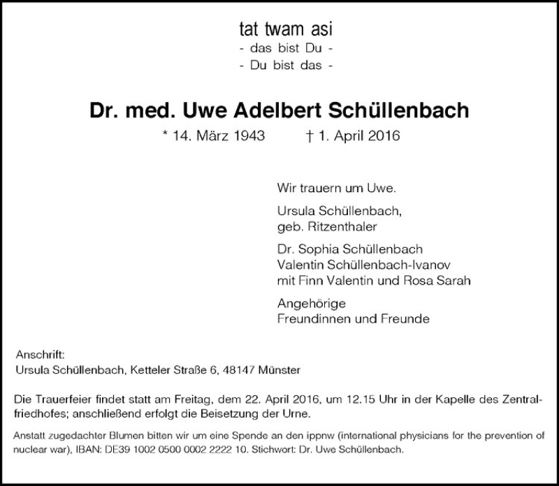  Traueranzeige für Uwe Adelbert Schüllenbach vom 16.04.2016 aus Westfälische Nachrichten