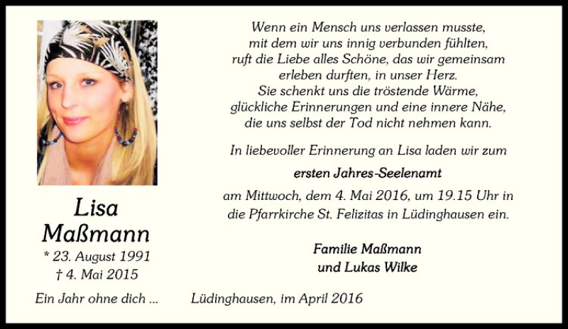  Traueranzeige für Lisa Maßmann vom 27.04.2016 aus Westfälische Nachrichten