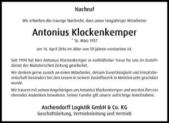 Anzeige von Antonius Klockenkemper von Westfälische Nachrichten