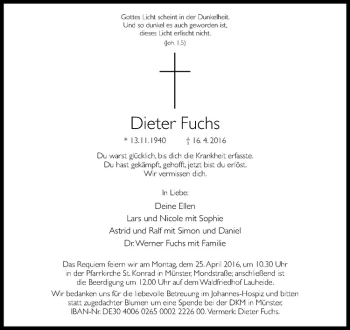 Anzeige von Dieter Fuchs von Westfälische Nachrichten