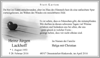 Anzeige von Hans Jürgen Lackhoff von Westfälische Nachrichten