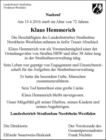 Anzeige von Klaus Hemmerich von Westfälische Nachrichten