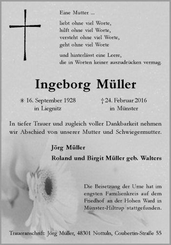 Anzeige von Ingeborg Müller von Westfälische Nachrichten