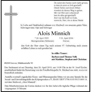 Anzeige von Alois Minnich von Westfälische Nachrichten
