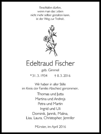 Anzeige von Edeltraud Fischer von Westfälische Nachrichten