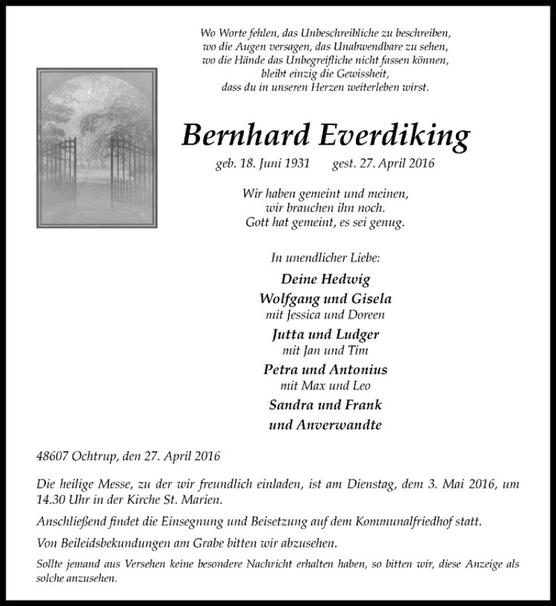  Traueranzeige für Bernhard Everdiking vom 30.04.2016 aus Westfälische Nachrichten