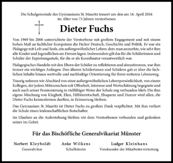 Anzeige von Dieter Fuchs von Westfälische Nachrichten