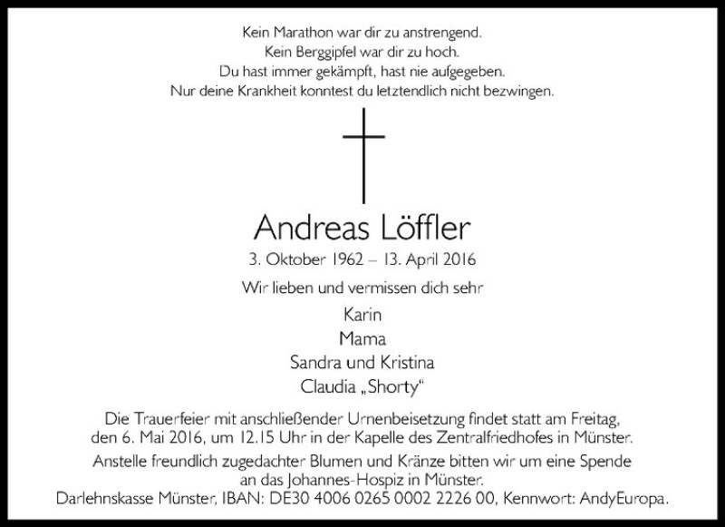  Traueranzeige für Andreas Löffler vom 30.04.2016 aus Westfälische Nachrichten