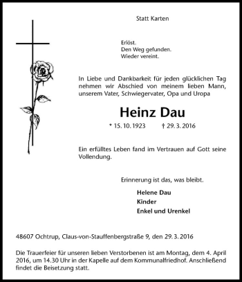 Anzeige von Heinz Dau von Westfälische Nachrichten