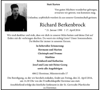 Anzeige von Richard Berkenbrock von Westfälische Nachrichten