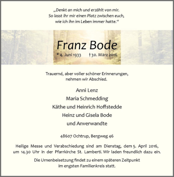 Anzeige von Franz Bode von Westfälische Nachrichten