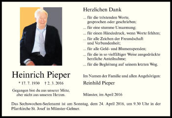 Anzeige von Heinrich Pieper von Westfälische Nachrichten