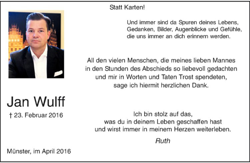  Traueranzeige für Jan Wulff vom 09.04.2016 aus Westfälische Nachrichten