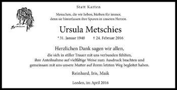 Anzeige von Ursula Metschies von Westfälische Nachrichten