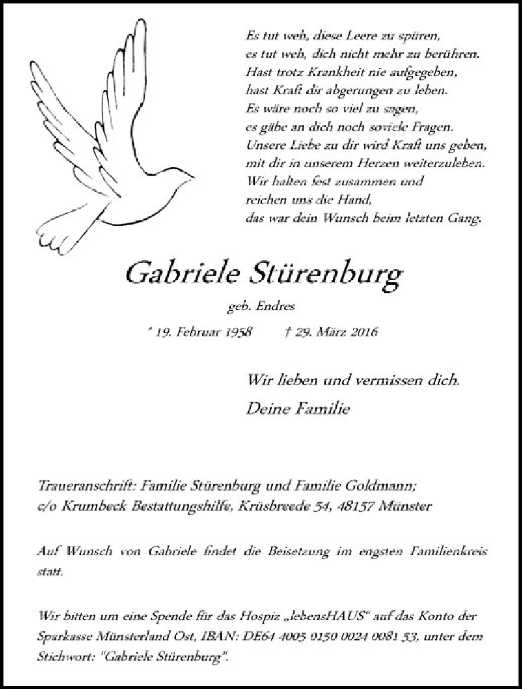  Traueranzeige für Gabriele Stürenburg vom 01.04.2016 aus Westfälische Nachrichten