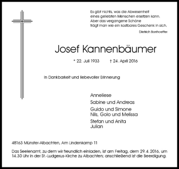Anzeige von Josef Kannenbäumer von Westfälische Nachrichten