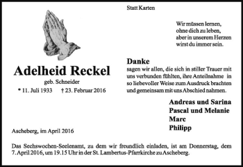 Anzeige von Adelheid Reckel von Westfälische Nachrichten