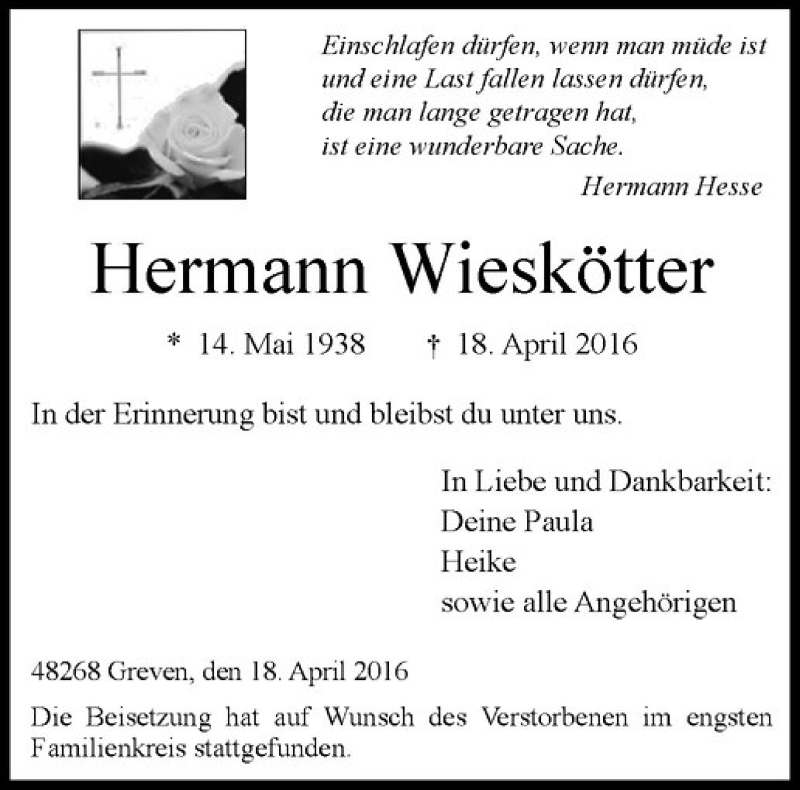  Traueranzeige für Hermann Wieskötter vom 27.04.2016 aus Westfälische Nachrichten