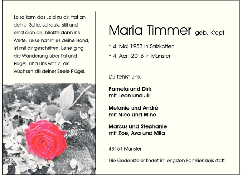  Traueranzeige für Maria Timmer vom 07.04.2016 aus Westfälische Nachrichten