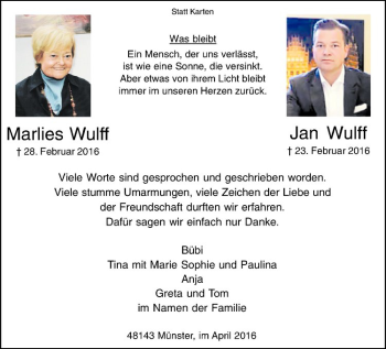 Anzeige von Marlies Wulff von Westfälische Nachrichten