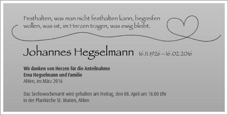  Traueranzeige für Johannes Hegselmann vom 06.04.2016 aus Westfälische Nachrichten