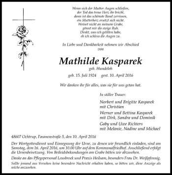 Anzeige von Mathilde Kasparek von Westfälische Nachrichten