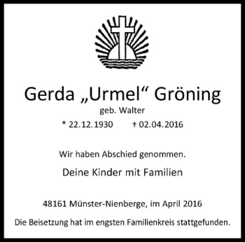 Anzeige von Gerda Gröning von Westfälische Nachrichten