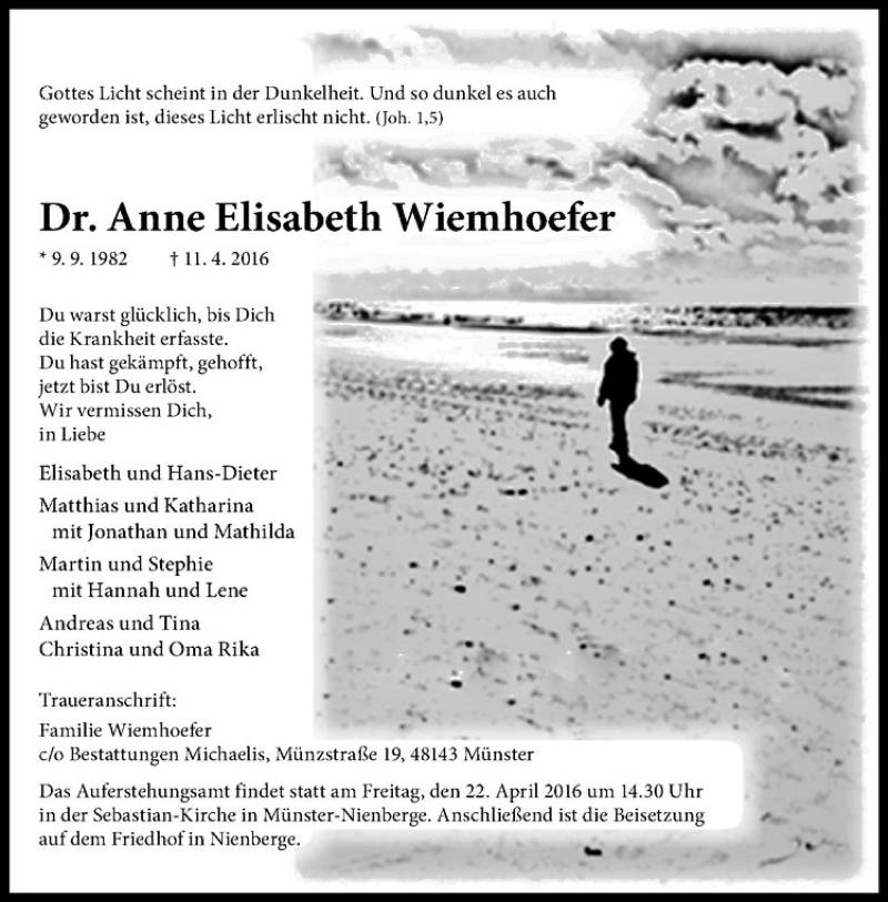  Traueranzeige für Anne Elisabeth Wiemhoefer vom 16.04.2016 aus Westfälische Nachrichten
