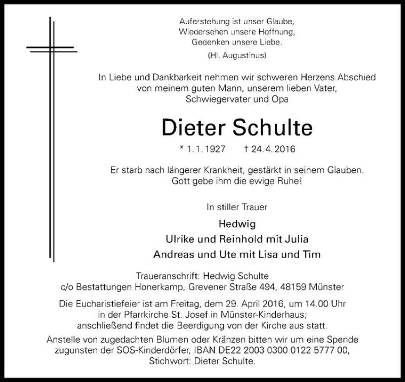  Traueranzeige für Dieter Schulte vom 27.04.2016 aus Westfälische Nachrichten