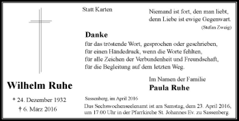 Anzeige von Wilhelm Ruhe von Westfälische Nachrichten