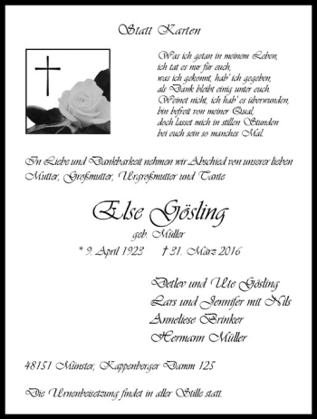 Anzeige von Else Gösling von Westfälische Nachrichten