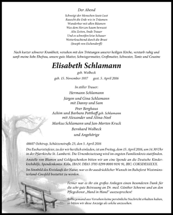 Anzeige von Elisabeth Schlamann von Westfälische Nachrichten