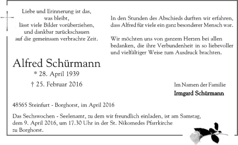  Traueranzeige für Alfred Schürmann vom 02.04.2016 aus Westfälische Nachrichten