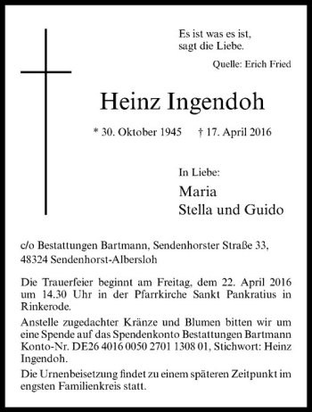 Anzeige von Heinz Ingendoh von Westfälische Nachrichten