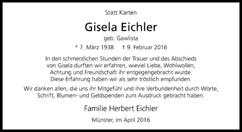  Traueranzeige für Gisela Eichler vom 09.04.2016 aus Westfälische Nachrichten