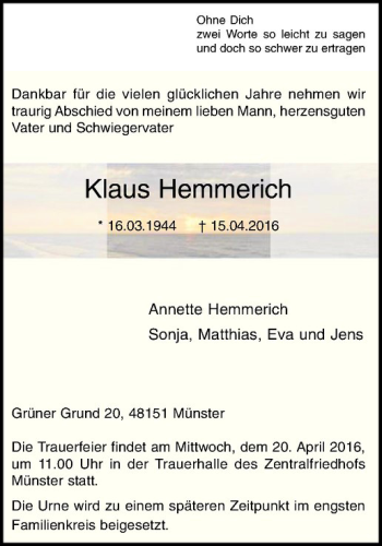 Anzeige von Klaus Hemmerich von Westfälische Nachrichten