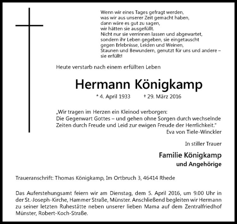 Traueranzeige für Hermann Königkamp vom 02.04.2016 aus Westfälische Nachrichten