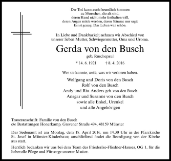 Anzeige von Gerda von den Busch von Westfälische Nachrichten